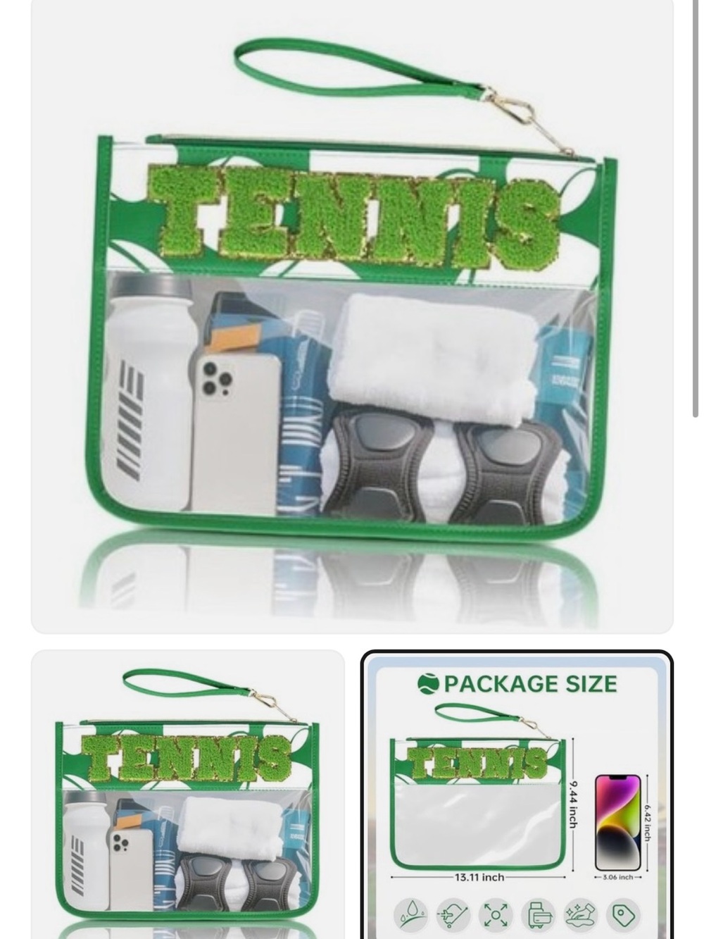 Green 'TENNIS' Clear Wristlet Pouch